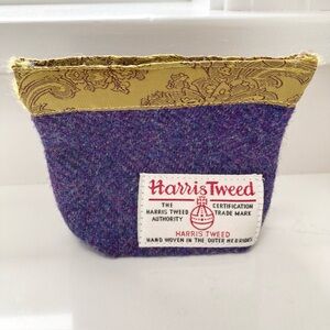 Harris Tweed pouch from Scotland. Purple 100% wool tweed, gold trim & lining.